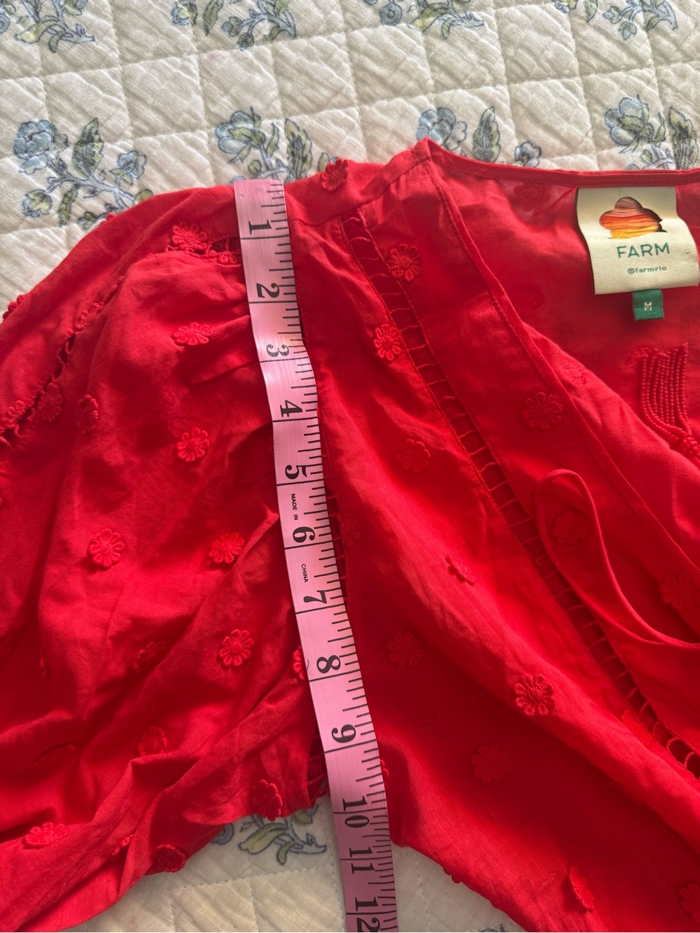 FARM Rio Bright Red Embroidered Tie-Front 100% Cotton Peasant Blouse Medium - Picture 10 of 10